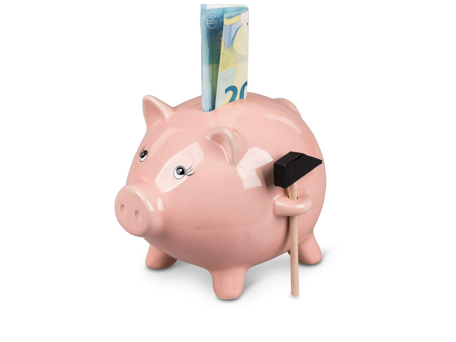 Handbemalte Spardose Schwein mit Hammer – 16x12cm, aus glasiertem Steingut