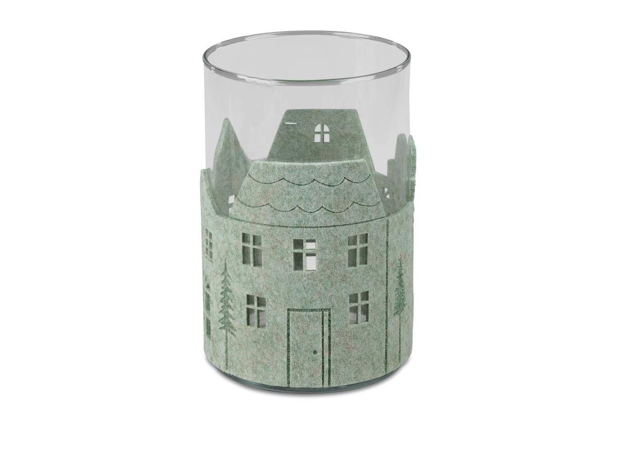 Filz-Windlicht Haus – Zufällig sortiert in Mint, Grau oder Grün – 13x20 cm mit klarem Glaseinsatz