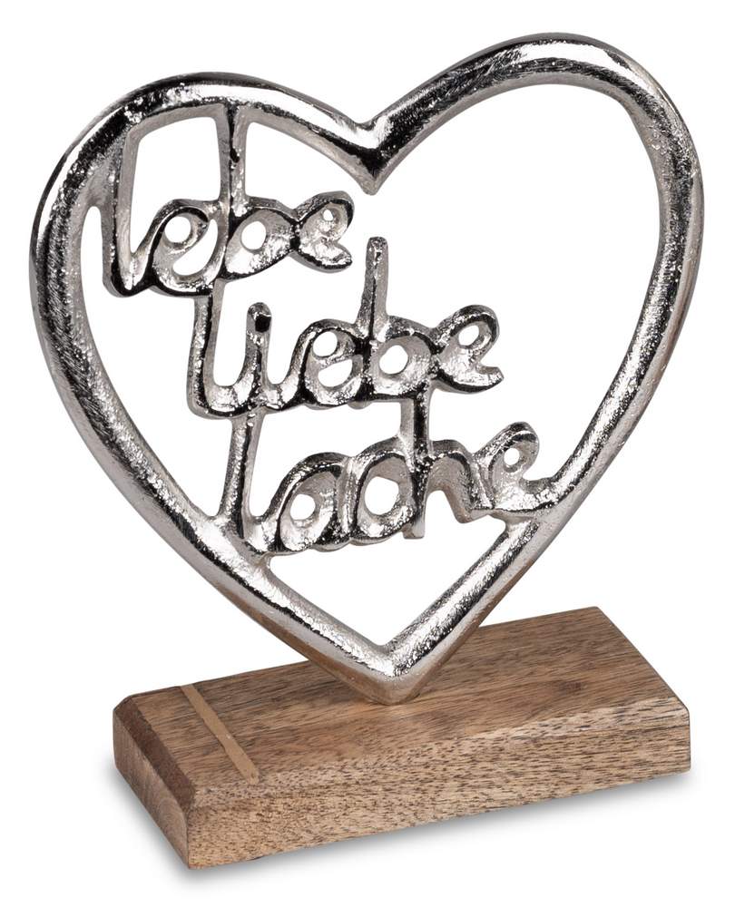 Schriftzug „Lebe, Liebe, Lache“ im Herz – 20cm – Aluminium & Mangoholz