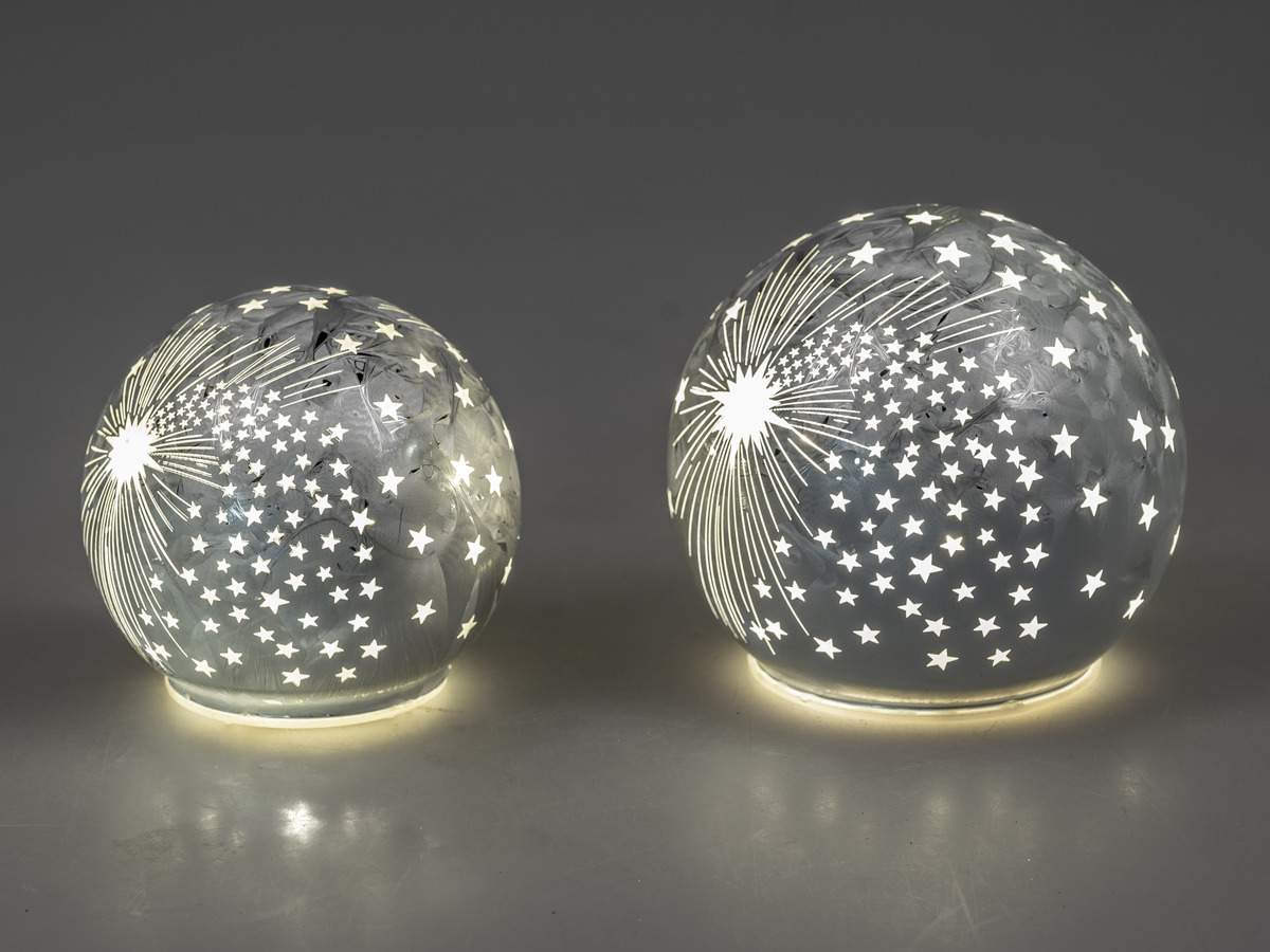 Deko Kugel Frosty Silber aus Farbglas Geeiste Optik mit LED-Licht und Timer, 12cm