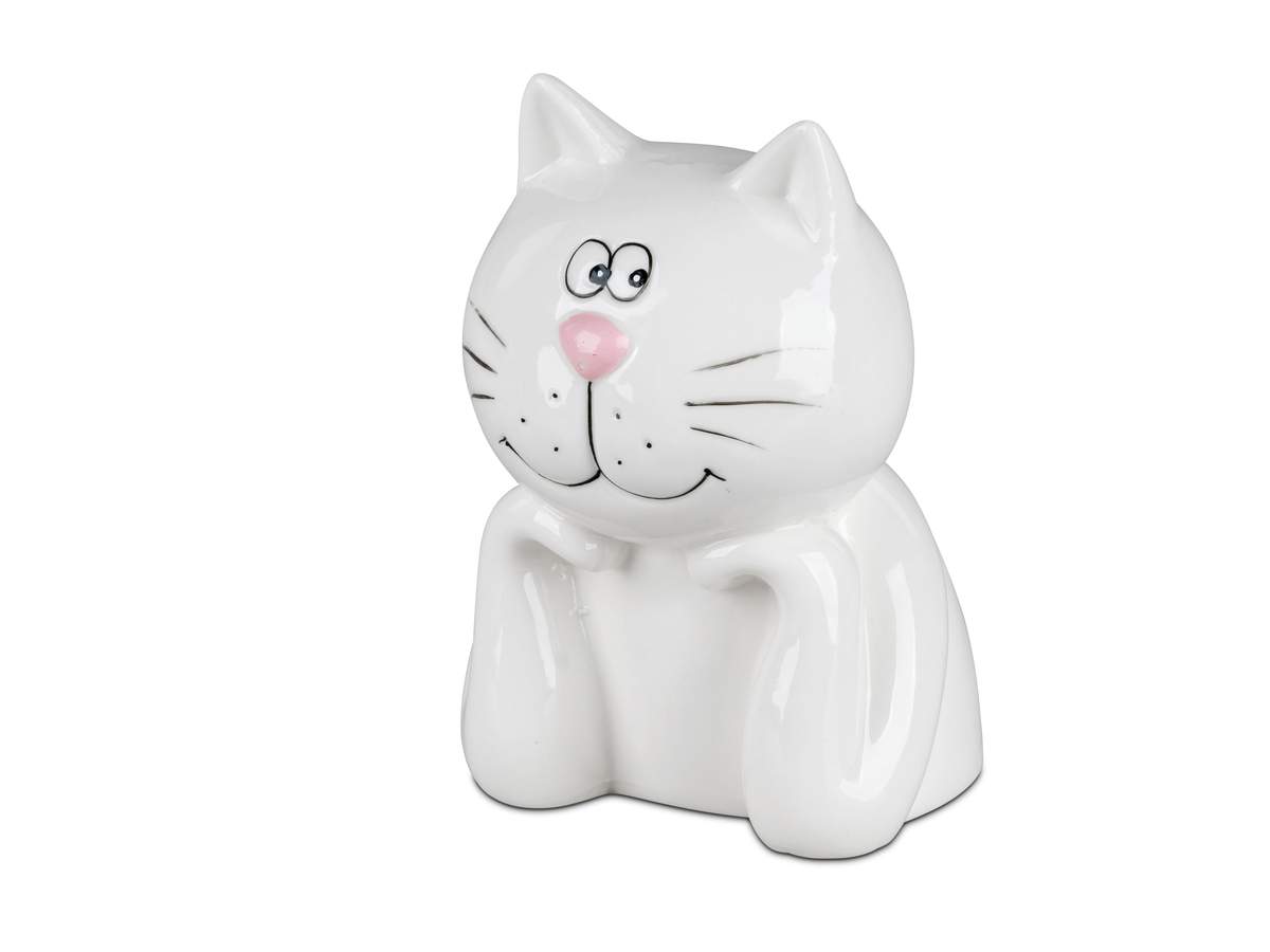 Handbemalte Spardose "Katze" aus weiß-glasiertem Porzellan, 12 cm