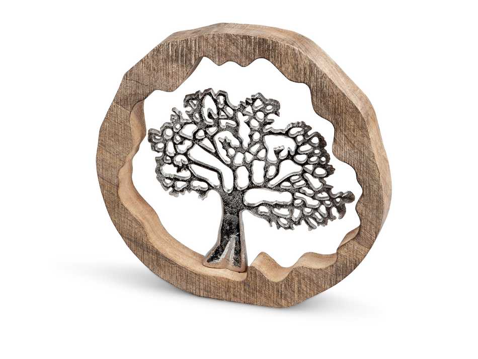 Dekorativer Ring mit Baum aus Mango-Holz und Aluminium