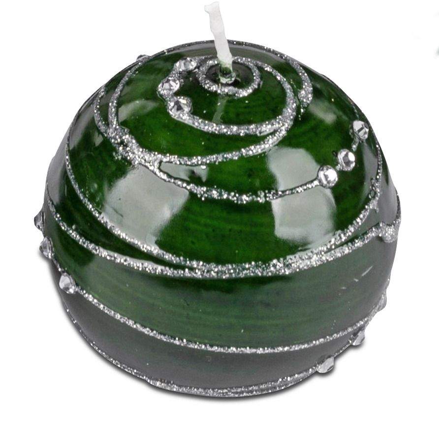 Kugelkerze 6cm Dunkelgrün mit Silberner Glitzer-Spirale