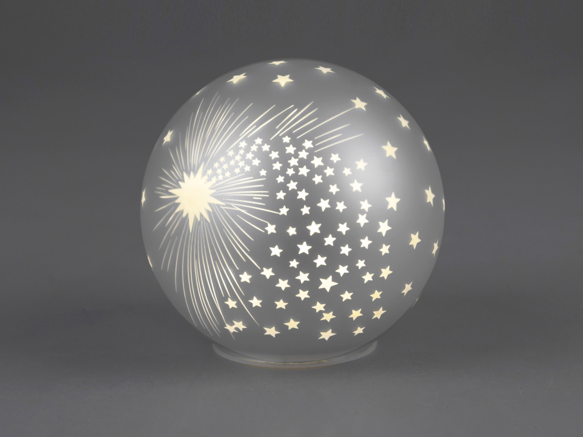 Deko Kugel Silber aus Farbglas Sterndekor mit LED-Licht und Timer, 15cm