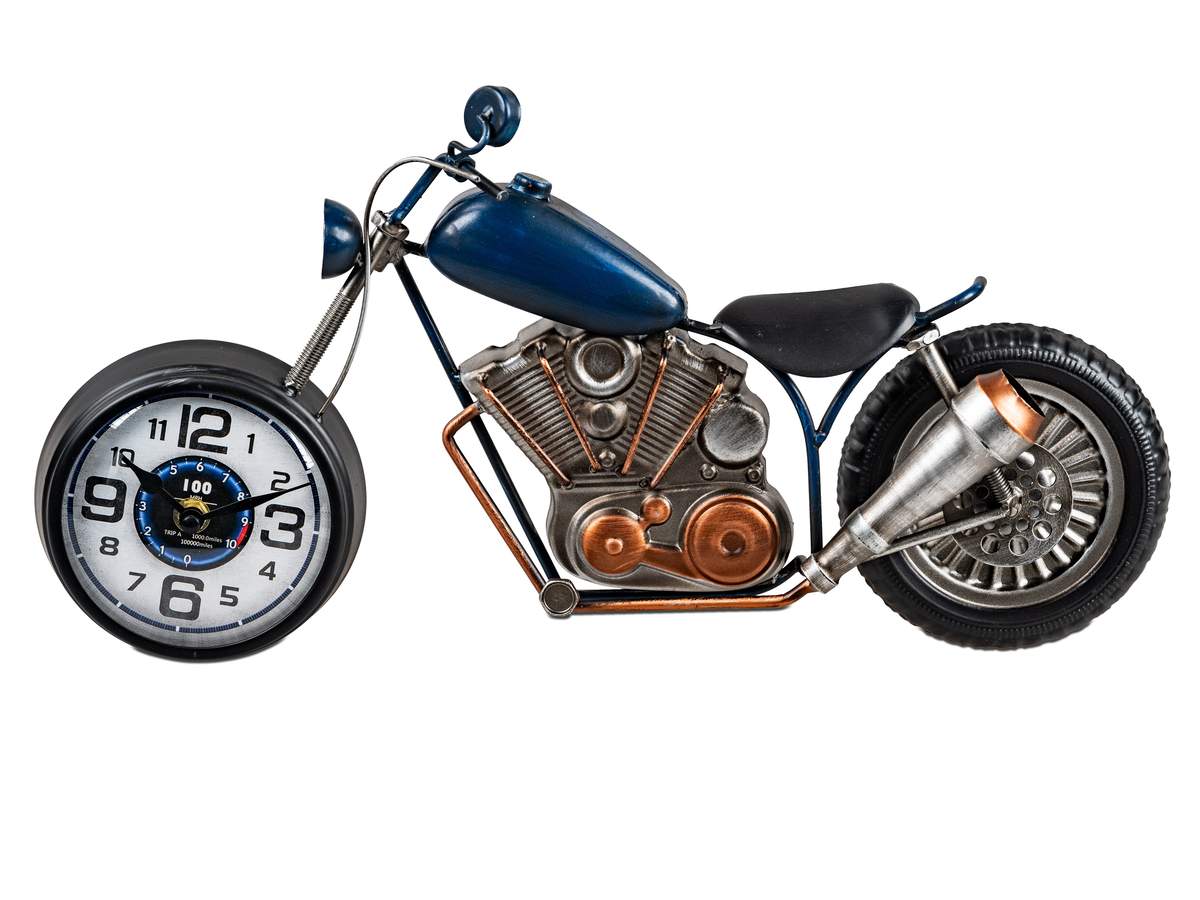Wanduhr aus Metall blaues Motorrad 3D-Optik 44x22cm detailgetreu gestaltet