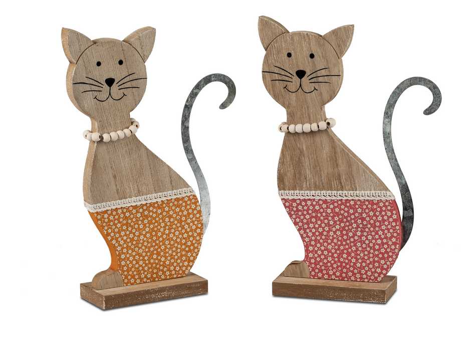Handbemalte Holzkatze mit Metallakzenten, 25cm