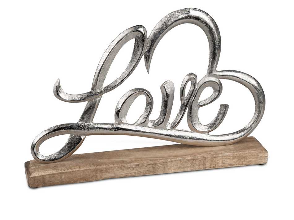 Love-Skulptur aus Aluminium und Mangoholz, 33x22cm