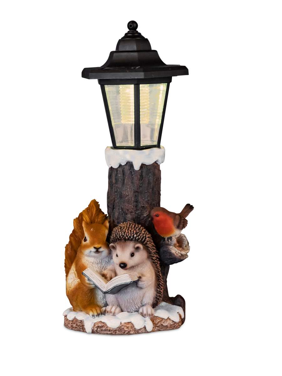 Handbemalte Herbsttiere unter Solarlaterne aus Kunststein, 34cm