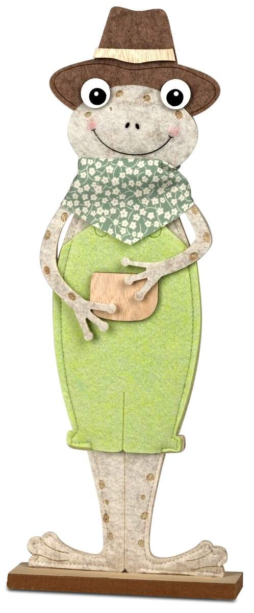 Frosch-Charmeur auf Holz-Sockel – Frühlingshafte Filzfigur 42cm