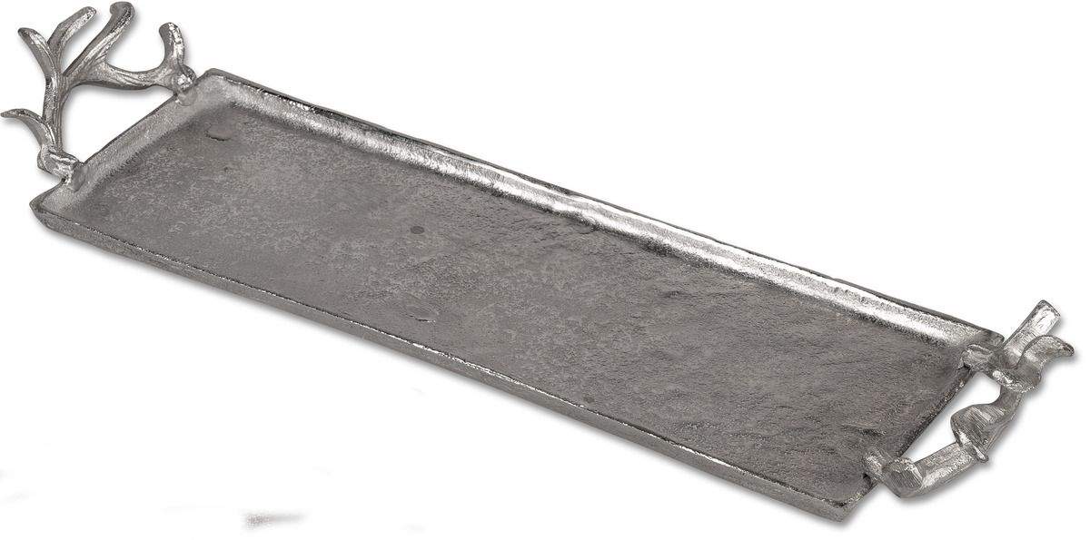 Rechteckiges Tablett mit Geweih-Griffen, 56x18 cm – Silbernes Aluminium mit gehämmerter Oberfläche