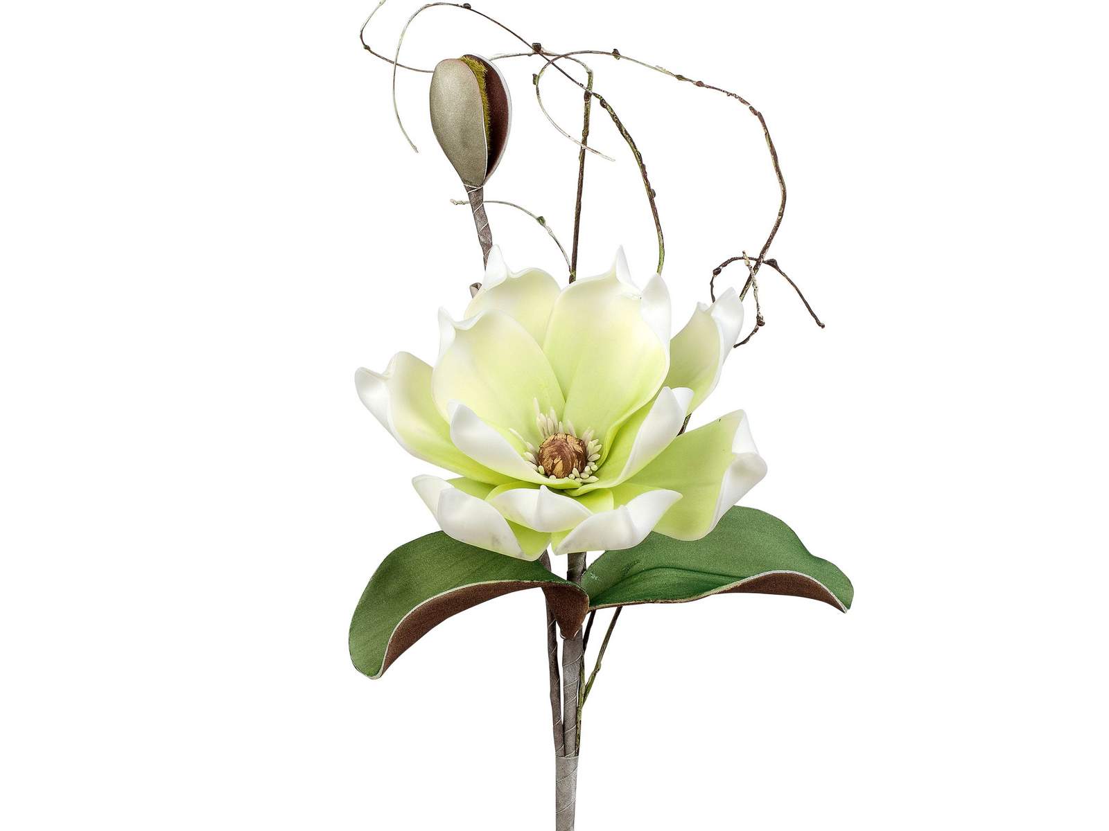 Deko-Zweig Magnolie Grün-Weiß aus Schaumstoff, 42 cm – Mit großer Blüte, Knospe und Blättern