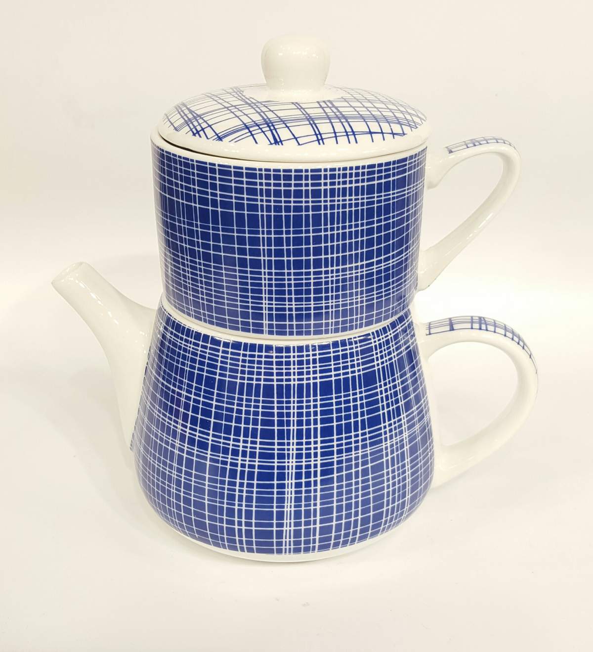Tea for one "Nippon" Porzellan Blau mit weißen Linien/Linien