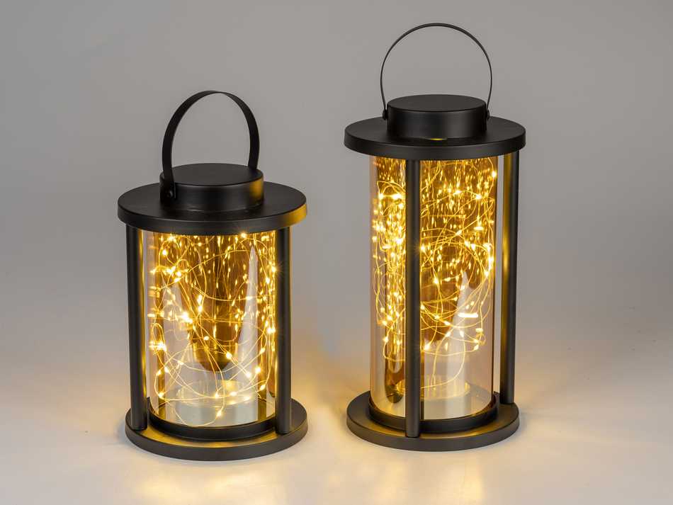 Runde Laterne aus schwarzem Metall mit LED und Timer