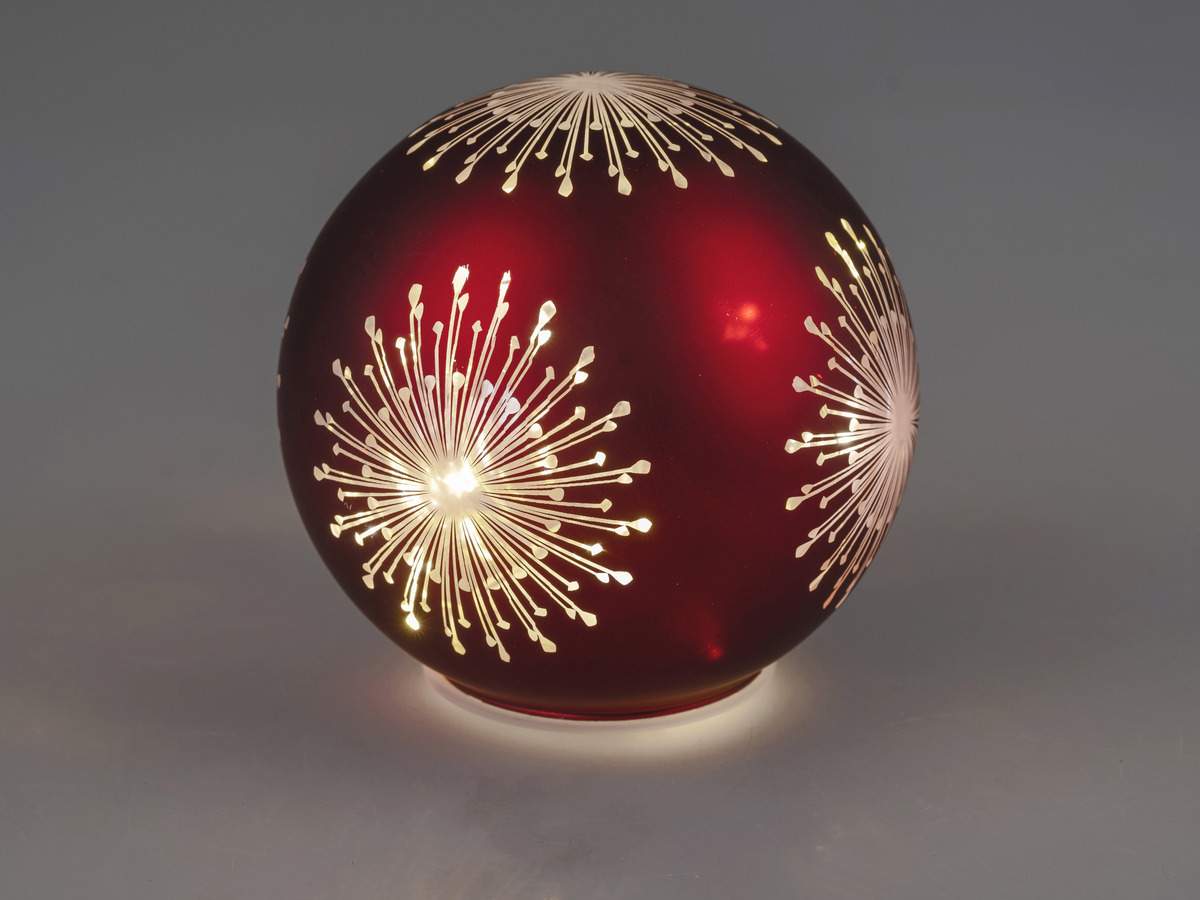 Deko Kugel Rot aus Mattem Farbglas Sterndekor mit LED-Licht und Timer, 15cm