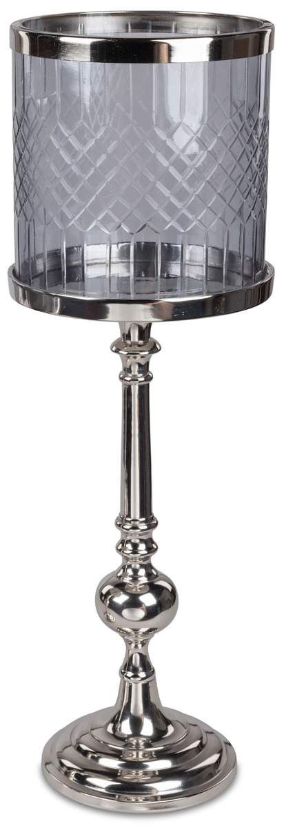 Elegantes Windlicht auf Fuß mit Glasaufsatz, 62 cm – Silbernes Aluminium