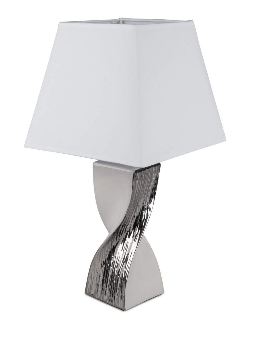 Gedrehte Tischlampe 45 cm in Weiß-Silber – Keramik-Fuß mit Silbernem Relief und Eckigem Stoffschirm