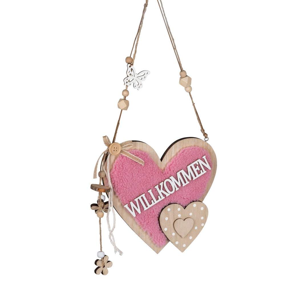 Hänger Herz ca. 20cm aus Holz mit rosa Wolle kombiniert, Dekor beidseitig
