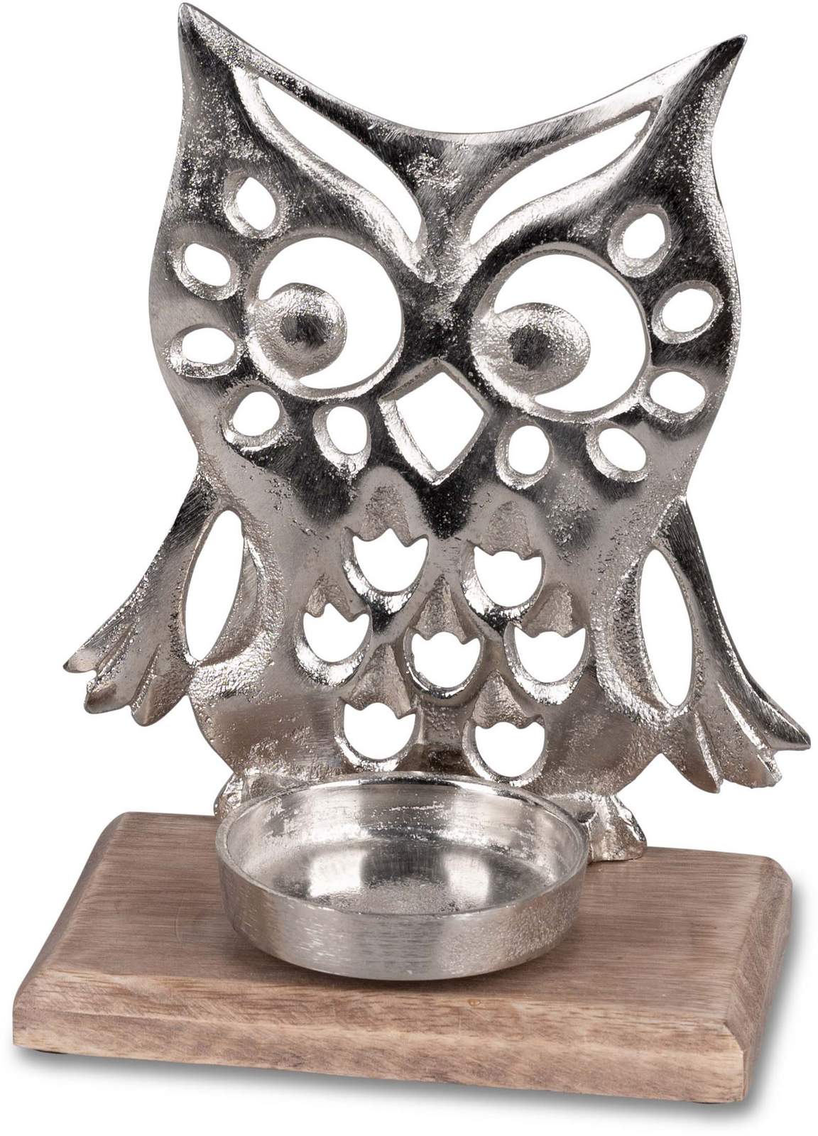 Eleganter Eulen-Teelichtleuchter aus Aluminium und Mangoholz 17 x 22 cm 510655