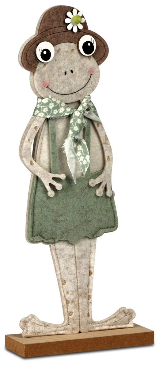 Frosch-Charmeur auf Holz-Sockel – Frühlingshafte Filzfigur 42cm