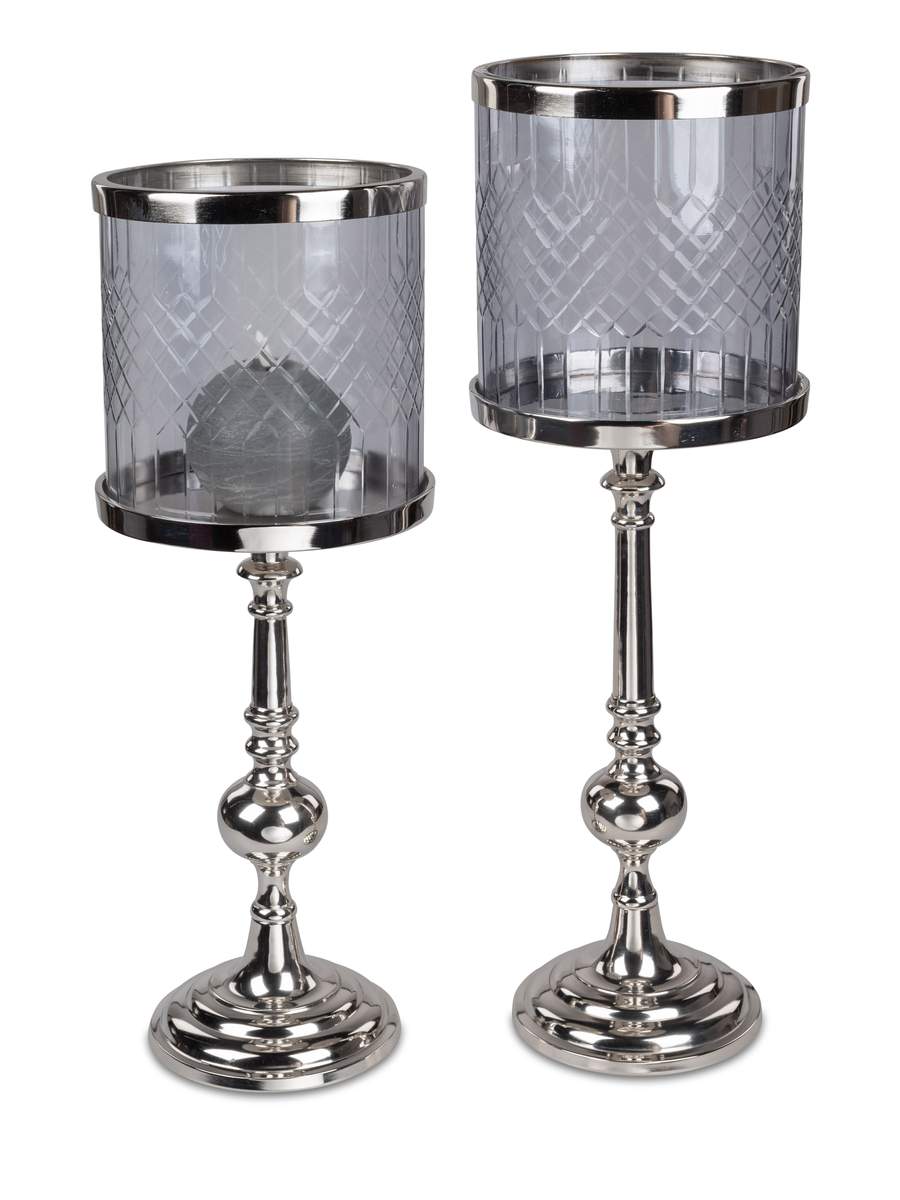 Elegantes Windlicht auf Fuß mit Glasaufsatz, 62 cm – Silbernes Aluminium