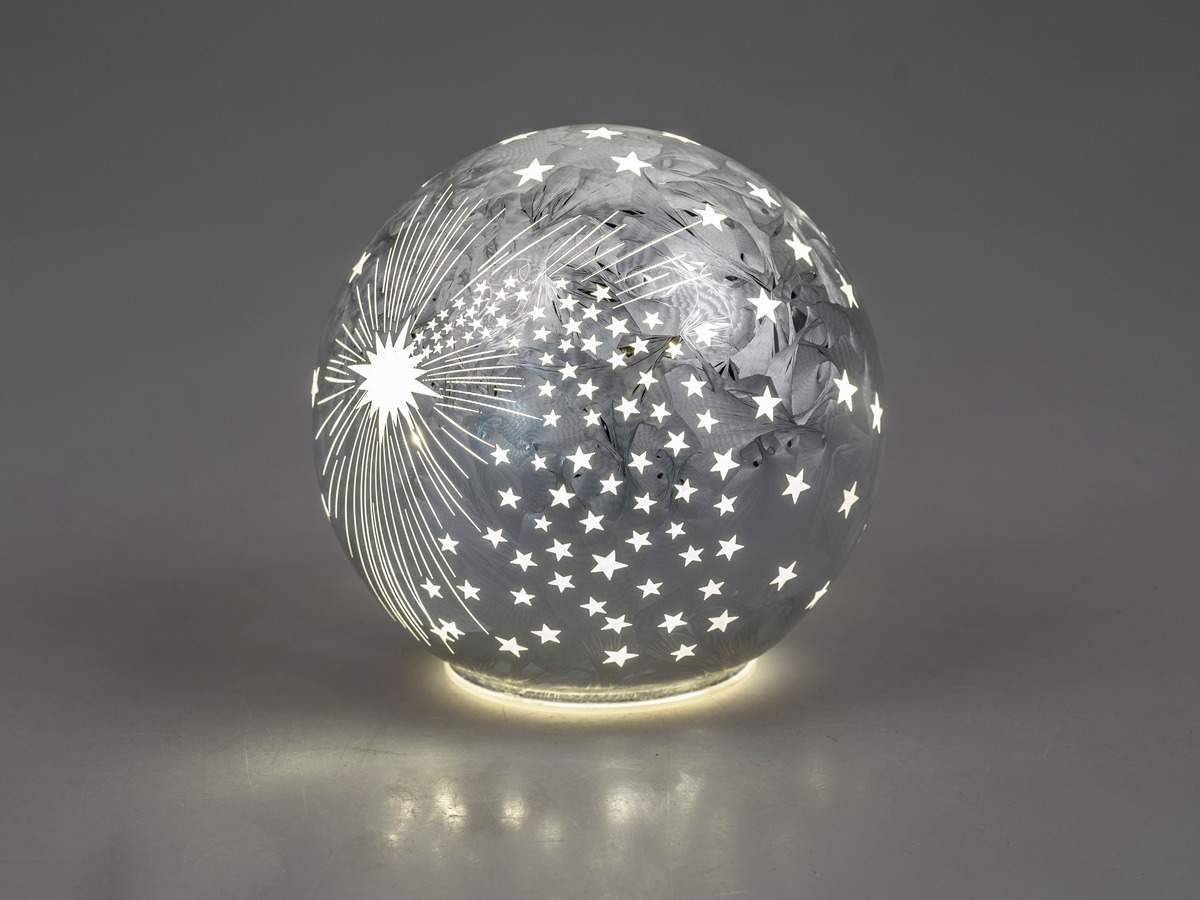Deko Kugel Frosty Silber aus Farbglas Geeiste Optik mit LED-Licht und Timer, 15cm