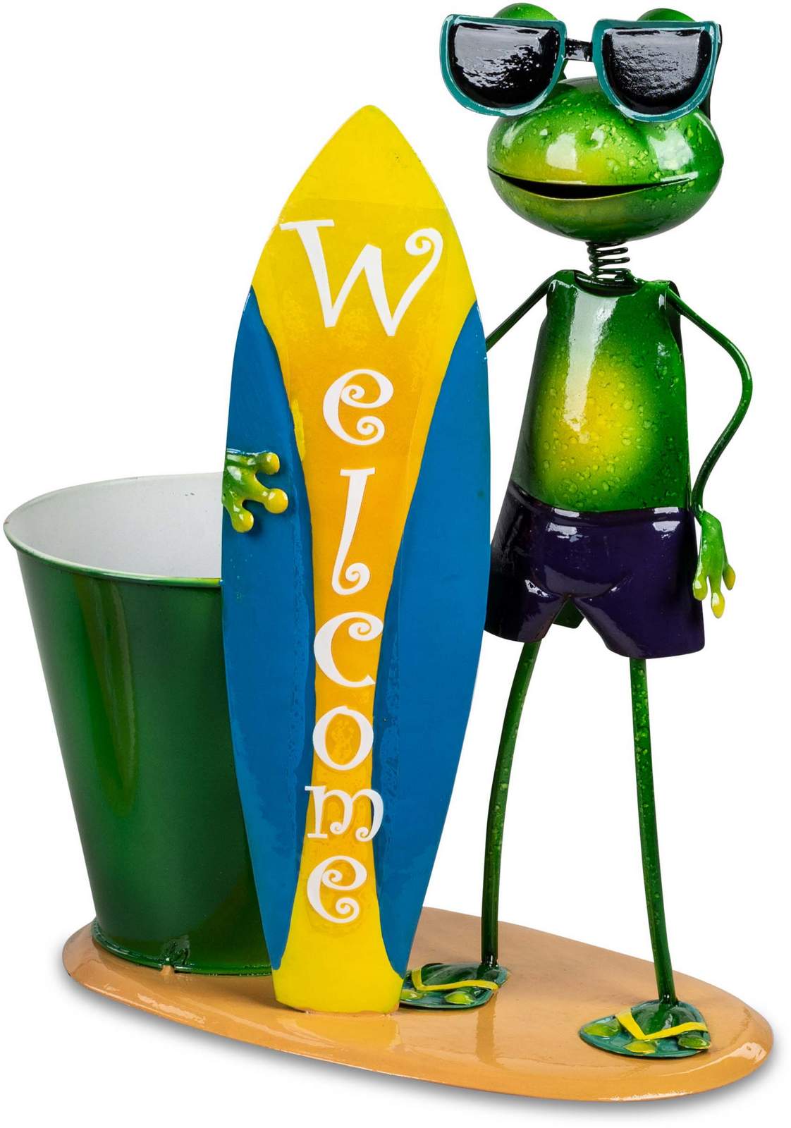 Gartenfigur "Frosch mit Pflanztopf und Surfbrett" 30cm aus Metall, handbemalt 555038A