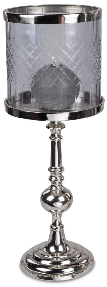 Elegantes Windlicht auf Fuß mit Glasaufsatz, 62 cm – Silbernes Aluminium