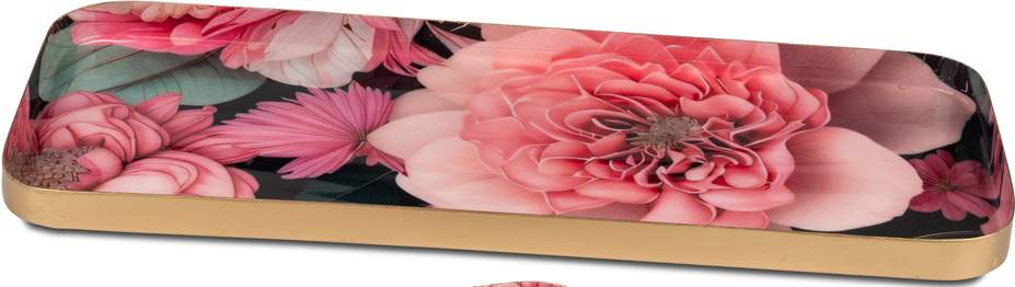 Dekoteller „Blütenpracht“ – 13 × 28 cm – goldenes Metall mit Rosen-Dekor