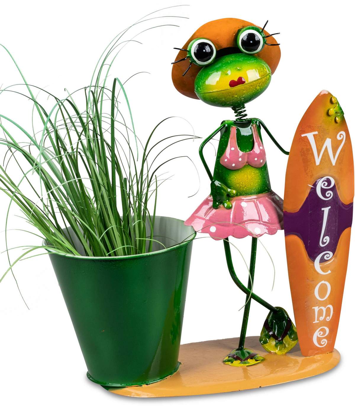 Gartenfigur "Frosch mit Pflanztopf und Surfbrett" 30cm aus Metall, handbemalt 555038B