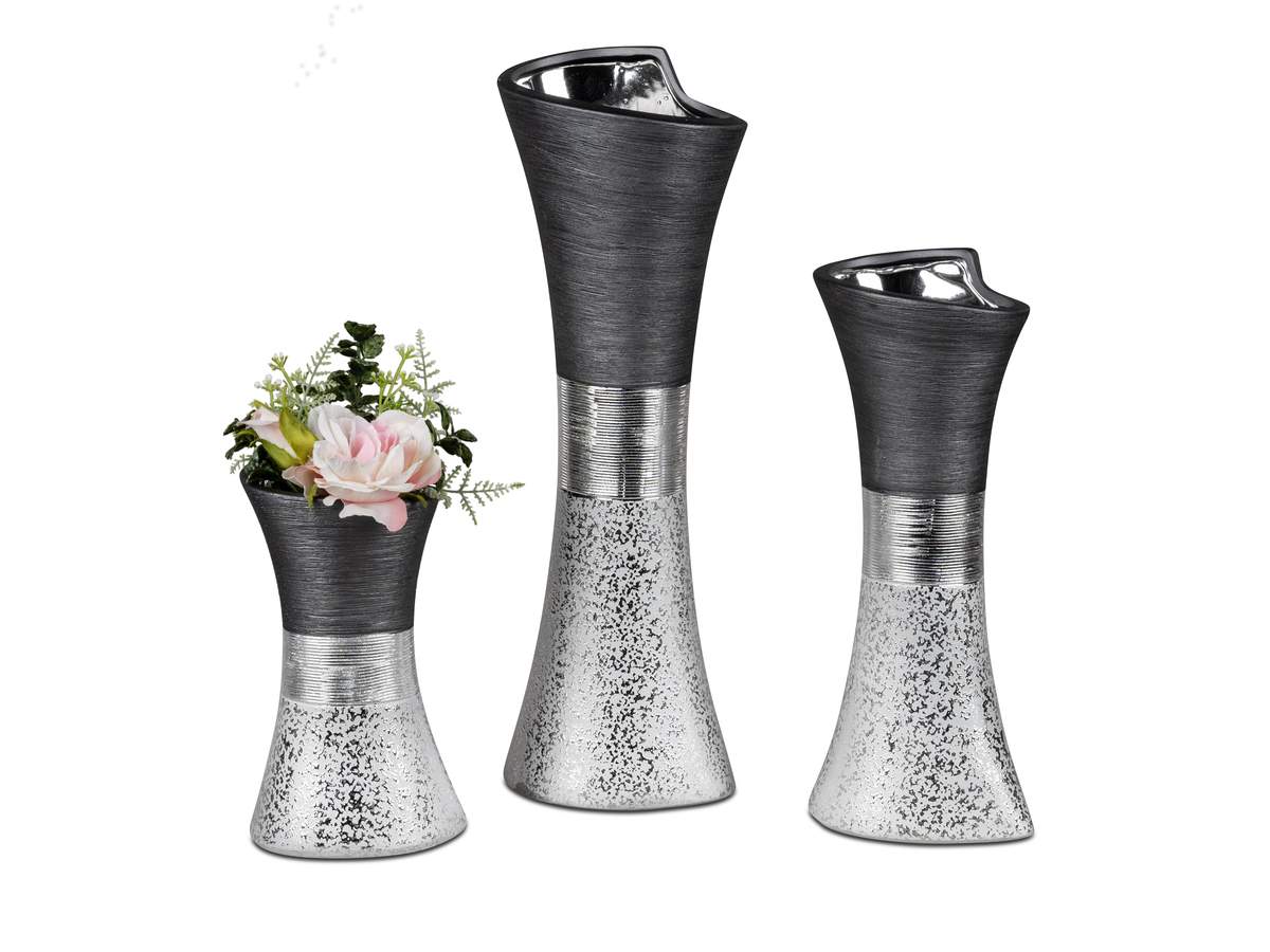 Elegante Vase "Luxor-Silber" – 13x30cm, handgefertigte Keramik mit matt-gebürsteter Oberfläche