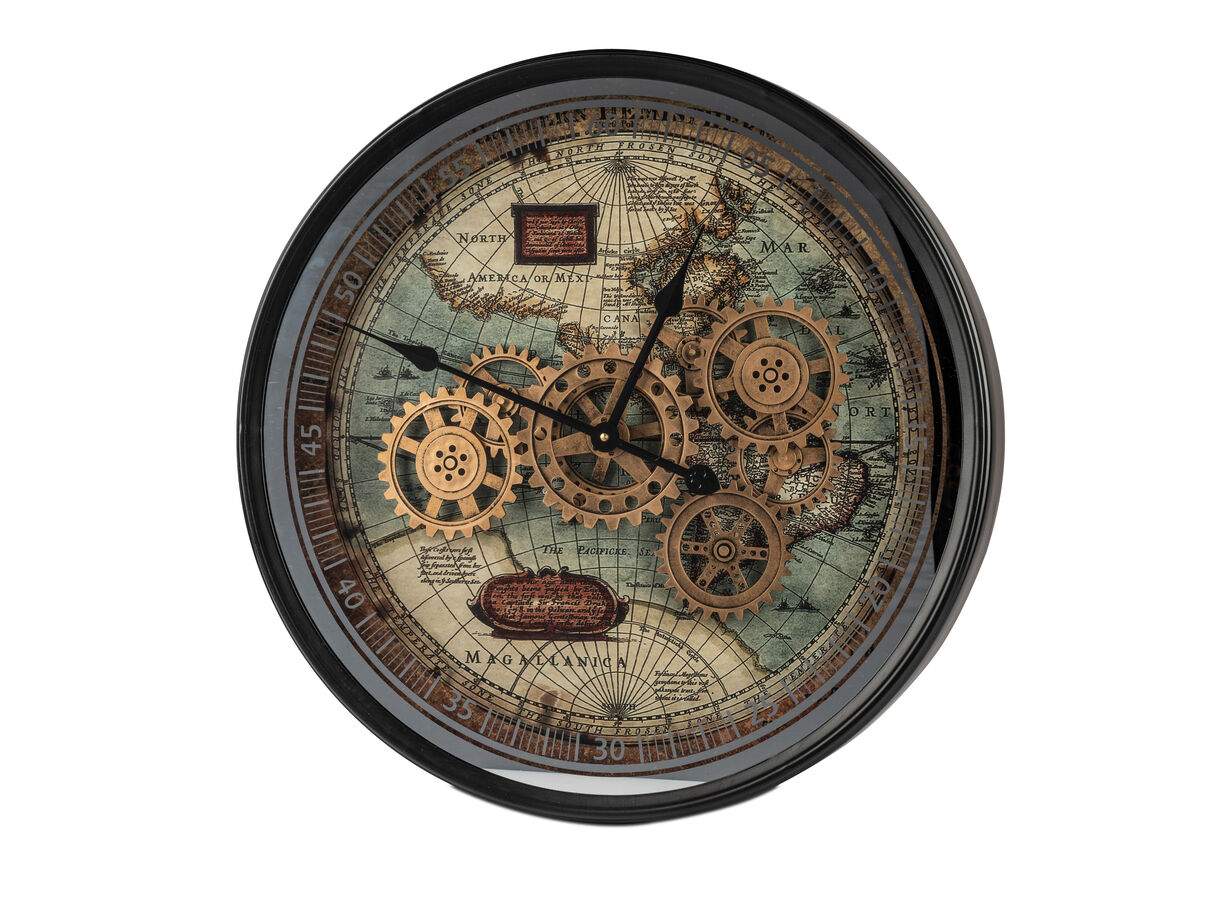 Wanduhr "Weltkarte & Zahnräder" – 60×8 cm – Industrial trifft Entdeckergeist