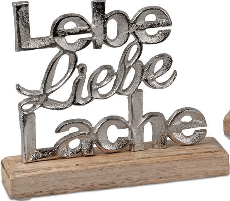 Deko-Schriftzug 18cm „Lebe, Liebe, Lache“ auf Mangoholzsockel