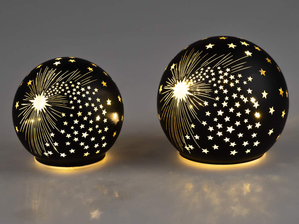 Deko Kugel Schwarz Gold aus Farbglas Sterndekor mit LED-Licht und Timer, 10cm