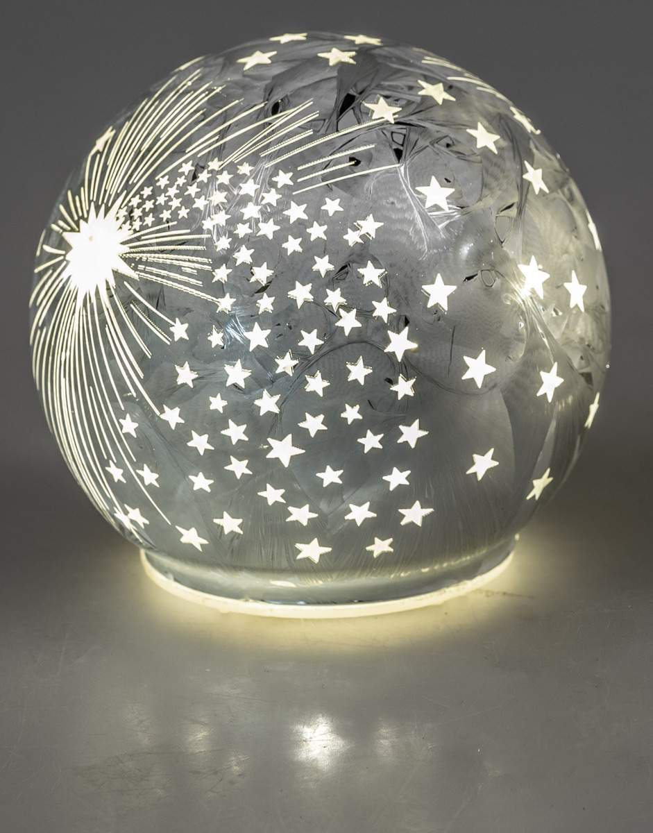 Deko Kugel Frosty Silber aus Farbglas Geeiste Optik mit LED-Licht und Timer, 12cm