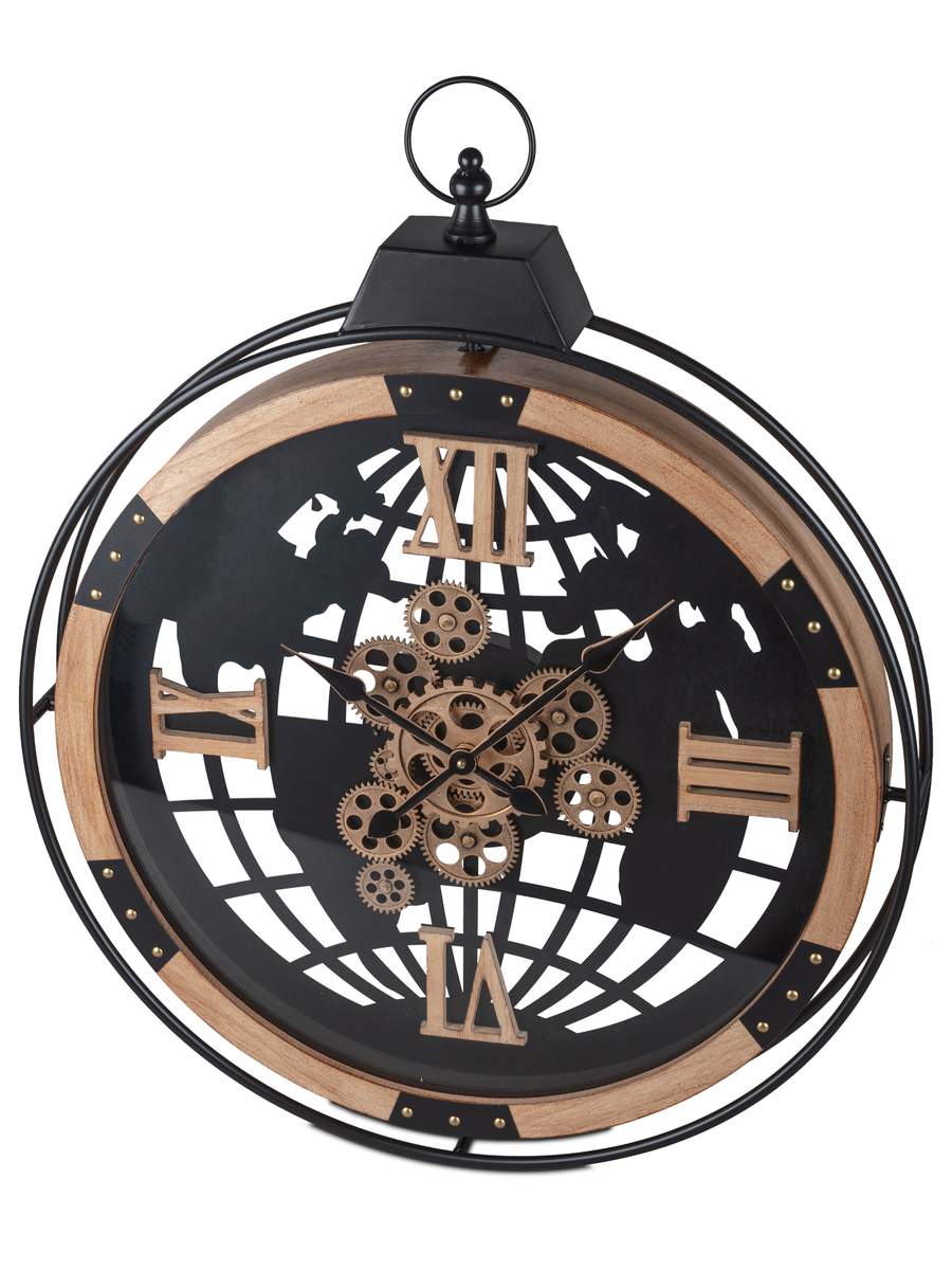 Wanduhr Weltkarte 66x82 cm, Metall-Holz Design mit goldenen Zahnrädern