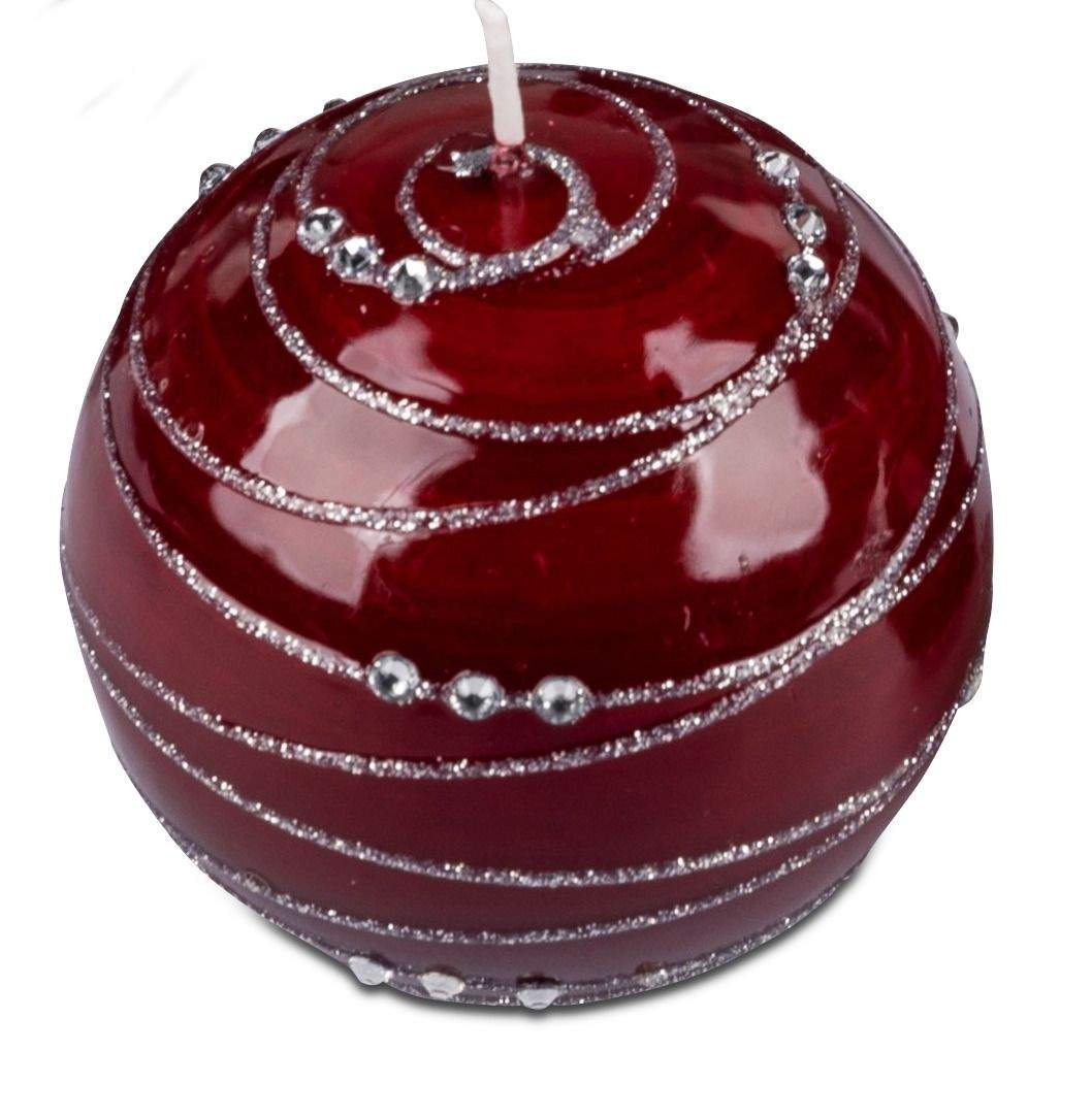 Kugelkerze 8cm Rot mit Silberner Glitzer-Spirale