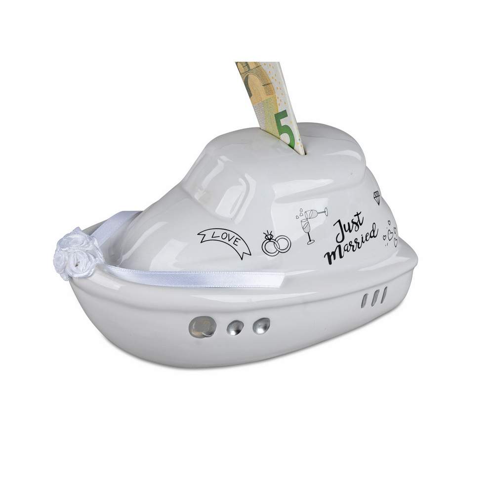 Spardose Boot 18x10cm, "Just Married", Weiß Glasiert 796646