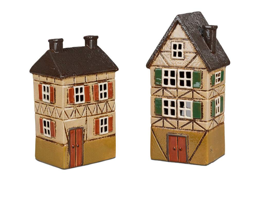 Windlicht „Fachwerkhaus“ – 26 cm – aus glasiertem Steinzeug