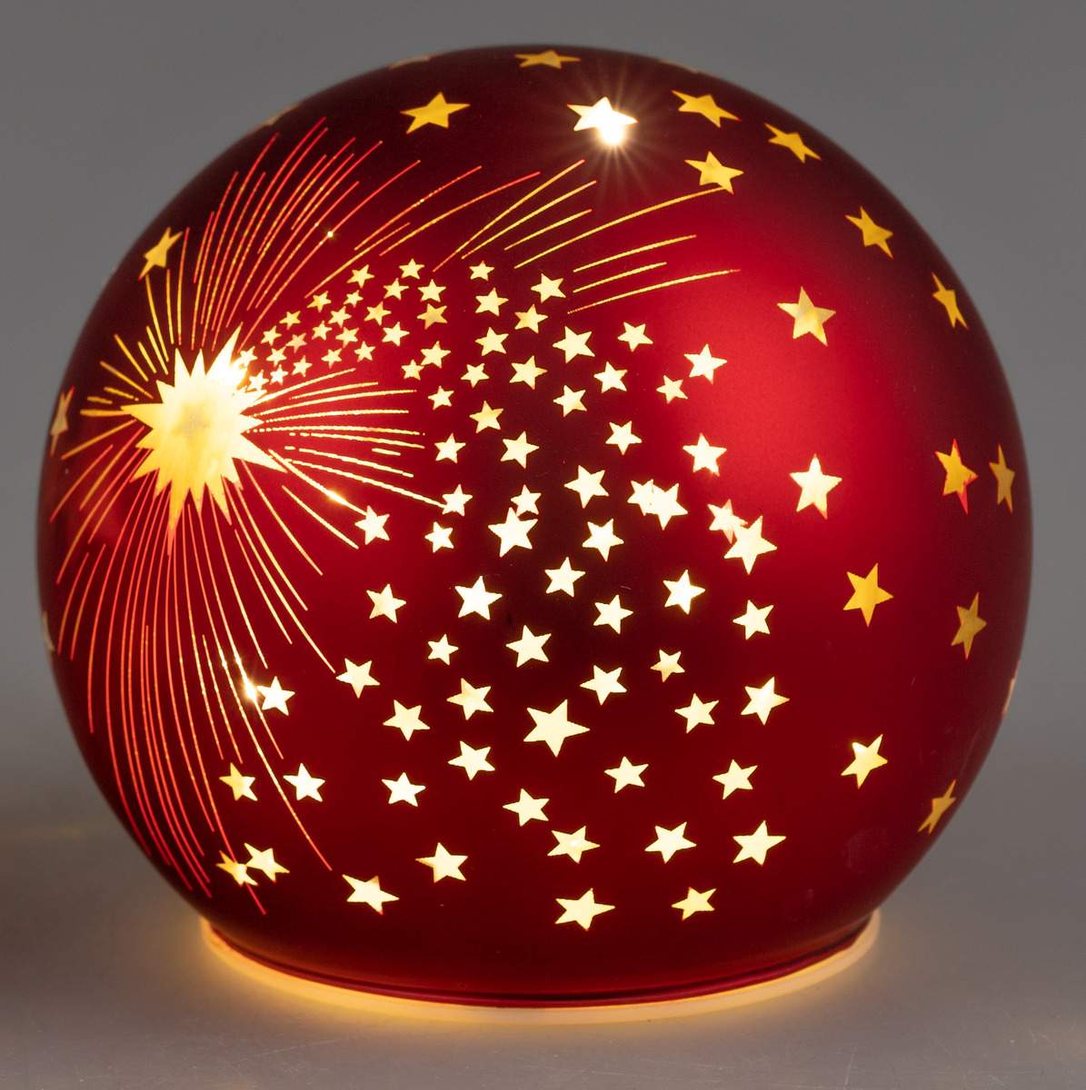 Deko Kugel Rot Gold aus Mattem Farbglas Sterndekor mit LED-Licht und Timer, 10cm