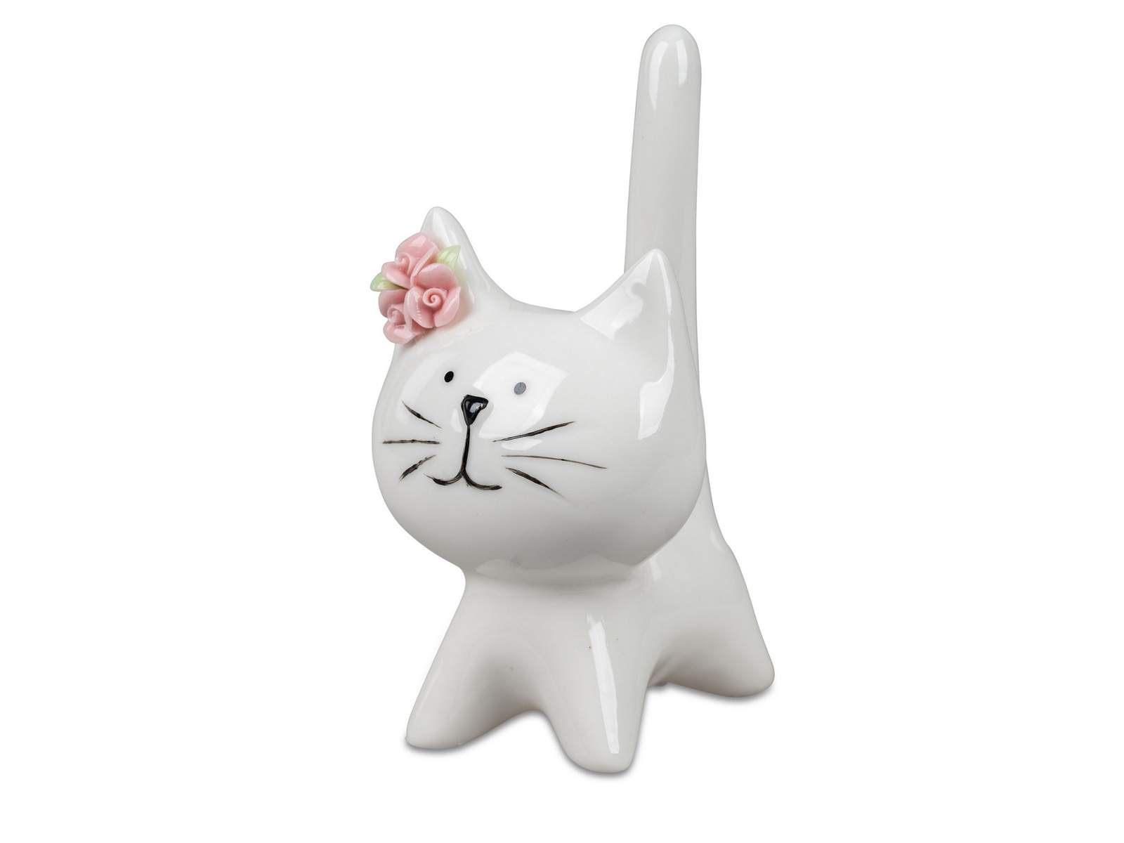 Deko Katze 12cm aus weiß-glasiertem Porzellan, handbemalt mit aufgesetzter Rose