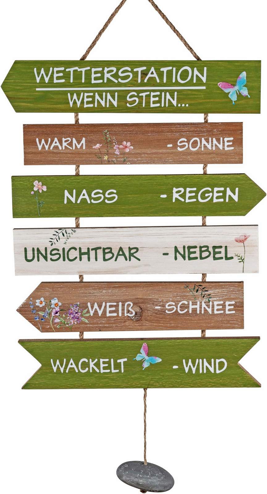 Holz-Schild „Wetterstation“ mit angehängtem Stein und Spruch - 32 x 52 cm