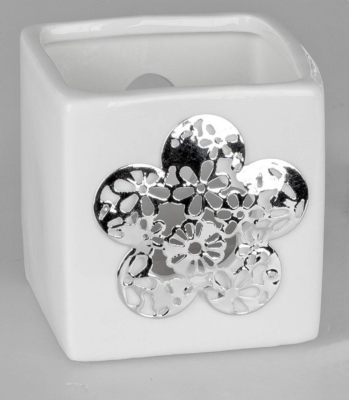 Formano Teelichtleuchter eckig mit Blume, weiss, 8x8cm
