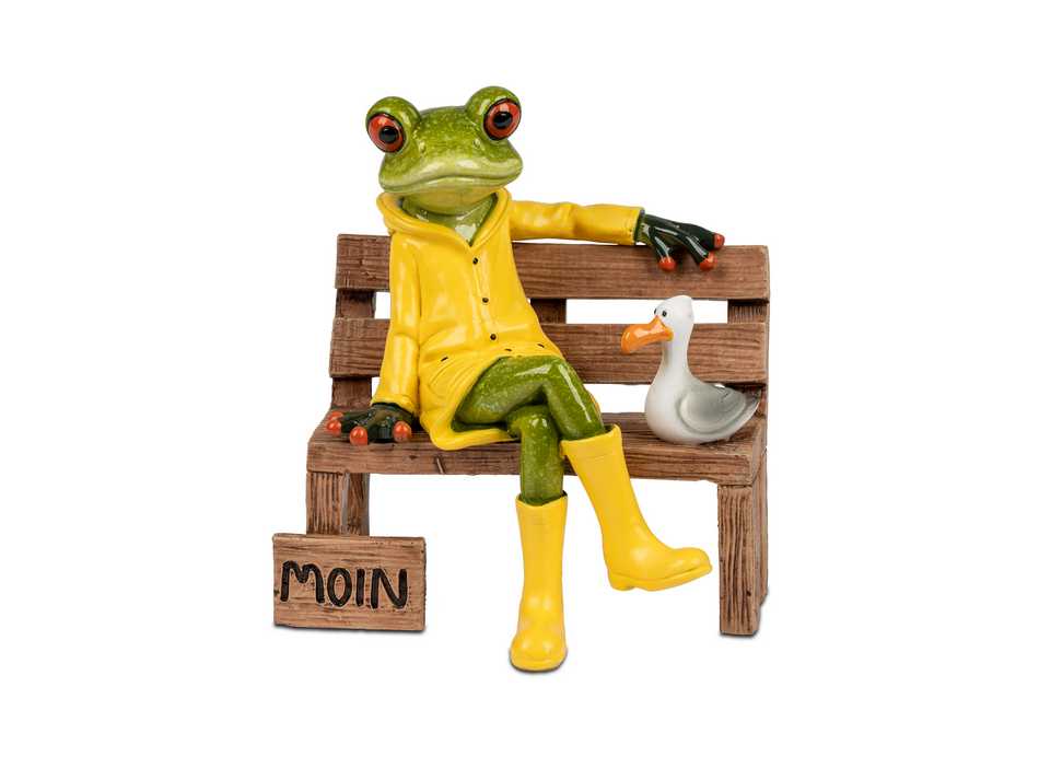 Frosch auf Bank 13cm mit Moin-Gruß und Möwe, handbemalt