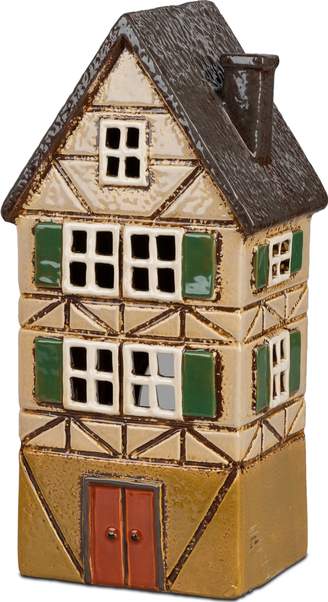 Windlicht „Fachwerkhaus“ – 26 cm – aus glasiertem Steinzeug