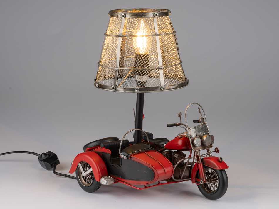 Antik-Lampe Motorradrot mit Beiwagen aus Metall 28x33cm