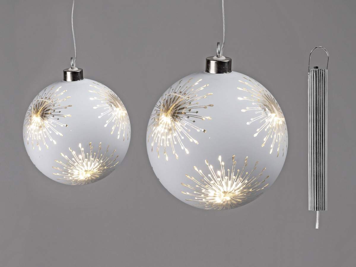 Hänger Kugel in Matt-Weiß mit LED-Licht + Timer, 12cm – Farbglas mit Strahlen-Dekor