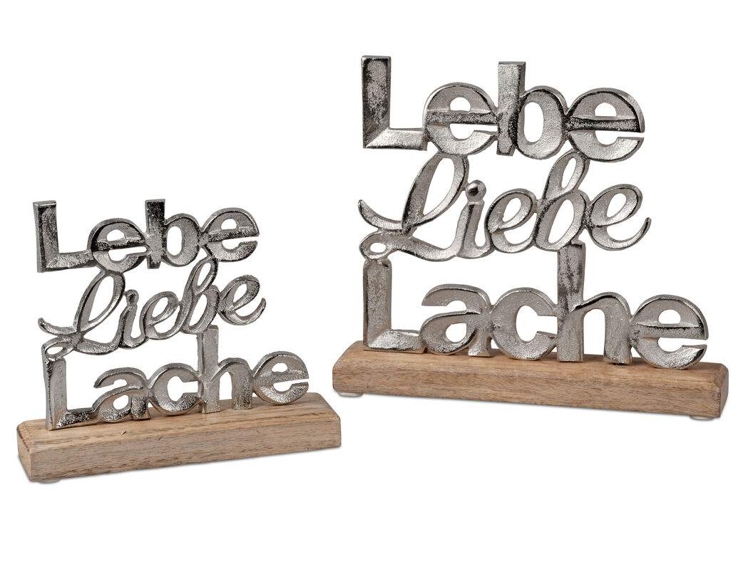 Deko-Schriftzug 24cm „Lebe, Liebe, Lache“ auf Mangoholzsockel