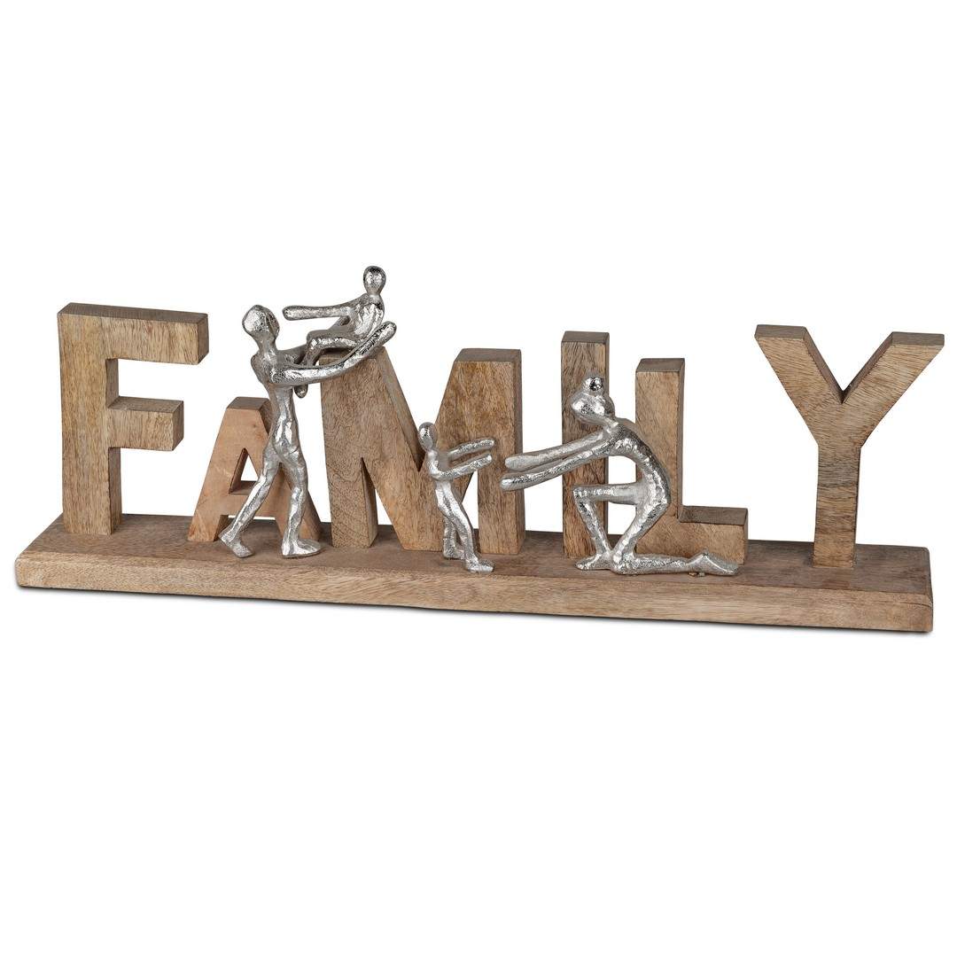 Schriftzug Family - 54x20cm - Massives Mangoholz mit Silbernen Alu-Elementen