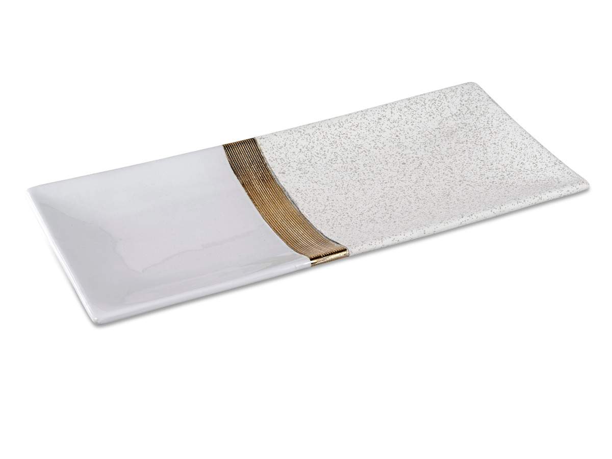 Keramik Deko-Schale Weiß-Gold 40x17cm mit Glasiertem und Matt-Gesprenkeltem Design