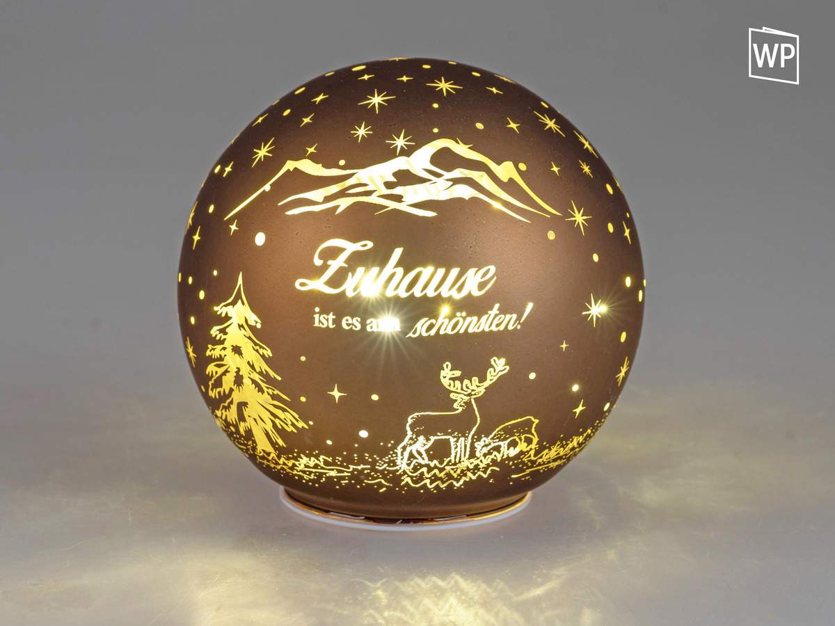 Deko Kugel Braun-Gold aus Mattem Farbglas mit LED-Licht und Timer, 15cm